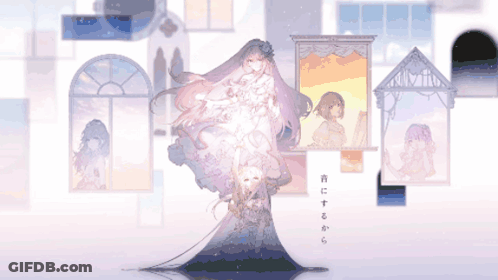 A Girl In A White Dress Stands In Front Of A Window With Chinese Characters On It GIF