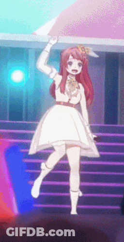 A Girl In A White Dress Stands On A Stage Holding An Umbrella GIF