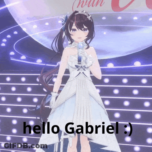 A Girl In A White Dress Stands On A Stage With A Microphone And Says Hello Gabriel GIF