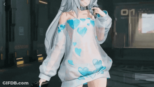 A Girl In A White Dress With Blue Hearts On The Sleeves GIF