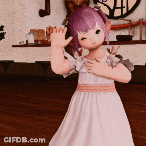 A Girl In A White Dress With Purple Hair Is Waving GIF