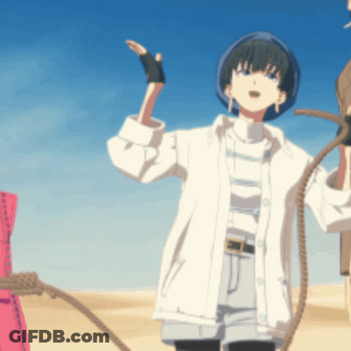 A Girl In A White Jacket And Shorts Is Holding A Rope GIF