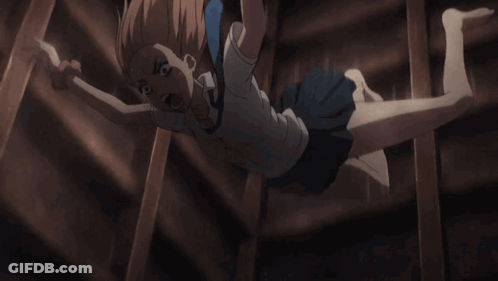 A Girl In A White Shirt And Blue Skirt Is Falling Down GIF