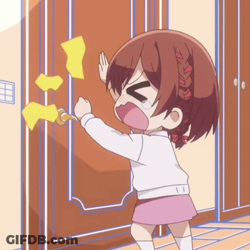 A Girl In A White Shirt And Pink Skirt Is Standing In Front Of A Door GIF