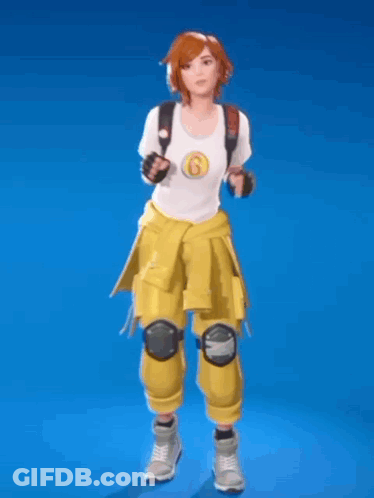 A Girl In A White Shirt And Yellow Pants Is Hanging Upside Down With Her Arms In The Air . GIF
