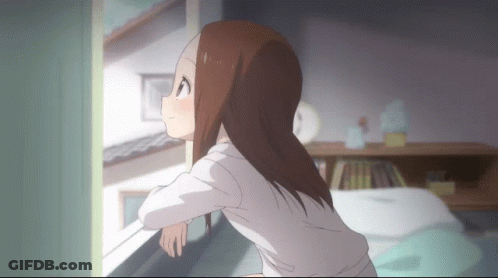 A Girl In A White Shirt Is Leaning On A Wall And Looking Out A Window GIF