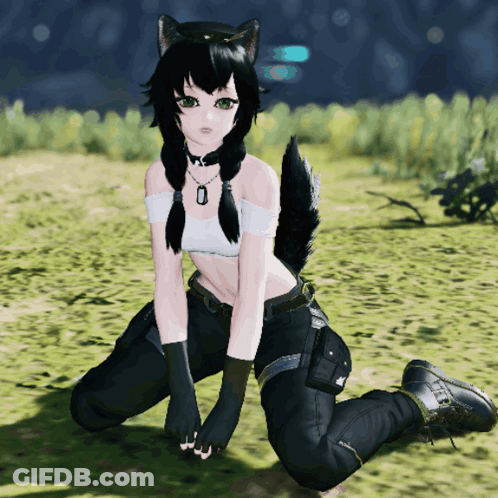 A Girl In A White Top And Black Pants Kneeling In The Grass GIF
