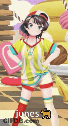 A Girl In A Yellow And White Striped Shirt With The Word Junes On The Bottom GIF