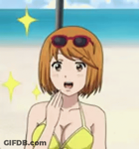 A Girl In A Yellow Bikini Is Standing On A Beach Wearing Sunglasses . GIF