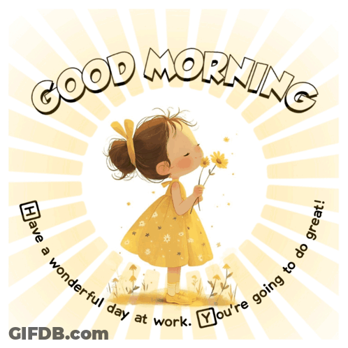 A Girl In A Yellow Dress Blowing On A Flower With The Words " Good Morning " Above Her GIF