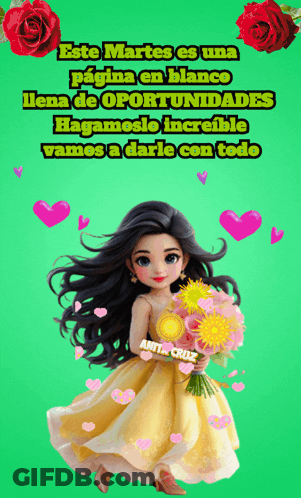 A Girl In A Yellow Dress Is Holding A Bouquet Of Flowers And The Words " Este Martes Es Una Pagina En Blanco " Are Above GIF