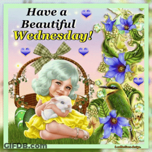 A Girl In A Yellow Dress Is Holding A White Rabbit With The Words Have A Beautiful Wednesday Below Her GIF