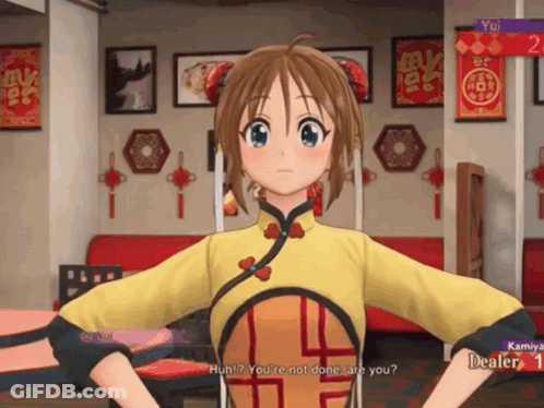 A Girl In A Yellow Dress Says Huh ? You 'Re Not Done Are You ? In A Video Game GIF