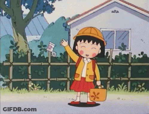 A Girl In A Yellow Hat Is Holding A Bottle And A Bag In Front Of A House . GIF