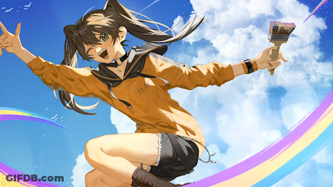 A Girl In A Yellow Hoodie Is Jumping In The Air Holding A Brush GIF