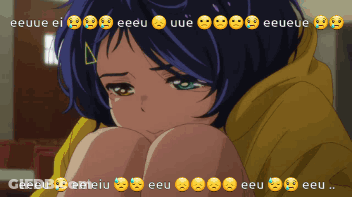 A Girl In A Yellow Hoodie Is Kneeling Down With A Bunch Of Emojis Behind Her GIF