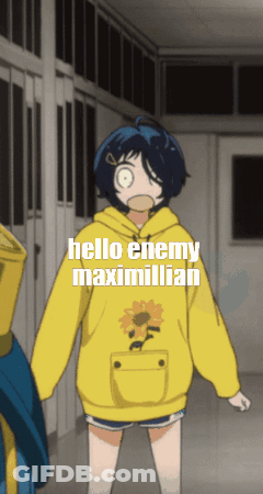 A Girl In A Yellow Hoodie That Says Hello Enemy Maximillian On It GIF