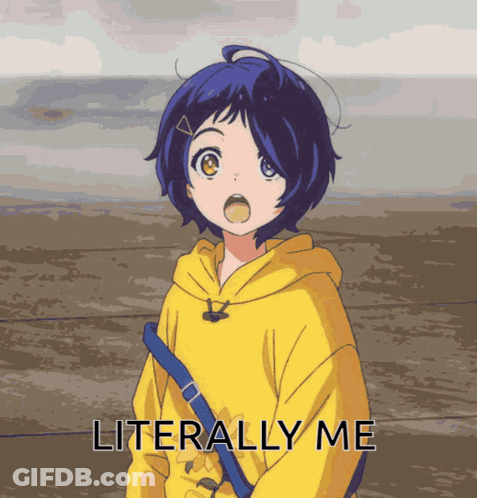 A Girl In A Yellow Hoodie With The Words Literally Me Written Below Her GIF