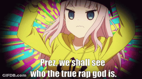 A Girl In A Yellow Hoodie With The Words " Prez We Shall See Who The True Rap God Is " Above Her GIF