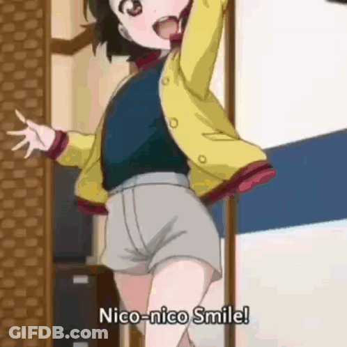 A Girl In A Yellow Jacket And Shorts Is Standing In Front Of A Door . GIF