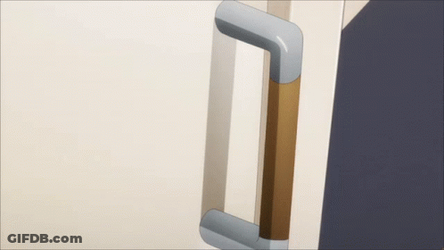 A Girl In A Yellow Sweater Is Holding A Door Handle GIF