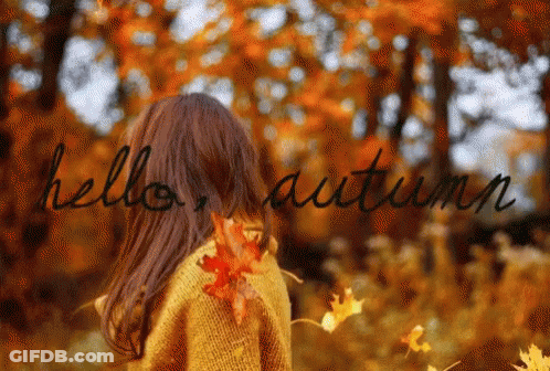 A Girl In A Yellow Sweater Is Standing In The Woods With The Words Hello Autumn Written On The Background GIF