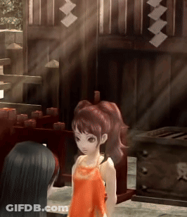 A Girl In An Orange Dress Is Standing Next To Another Girl In A Dark Room GIF