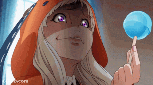 A Girl In An Orange Hoodie Is Holding A Blue Object In Her Hand GIF