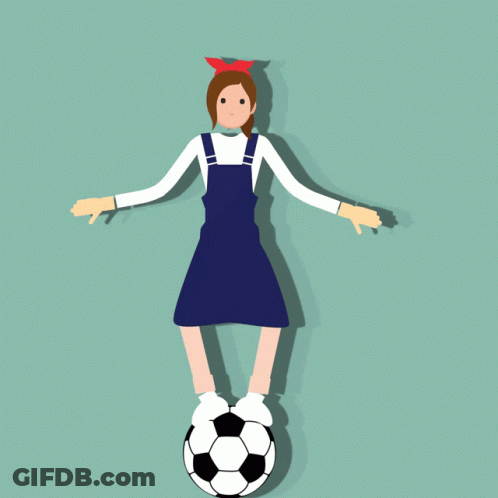 A Girl In Overalls Is Standing On A Soccer Ball With Her Arms Outstretched GIF