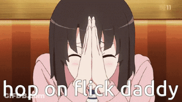 A Girl Is Covering Her Face With Her Hands And The Words Hop On Flick Daddy Are Above Her GIF