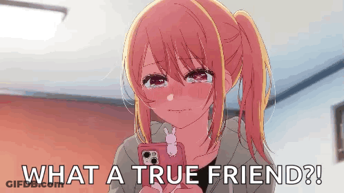 A Girl Is Crying While Holding A Cell Phone And The Words `` What A True Friend ? '' GIF