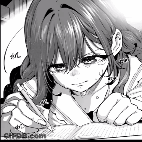 A Girl Is Crying While Writing In A Notebook And The Word Skrt Is On The Bottom Right GIF