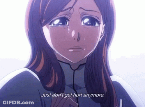 A Girl Is Crying With The Words `` Just Don 'T Get Hurt Anymore '' Written On Her Face . GIF