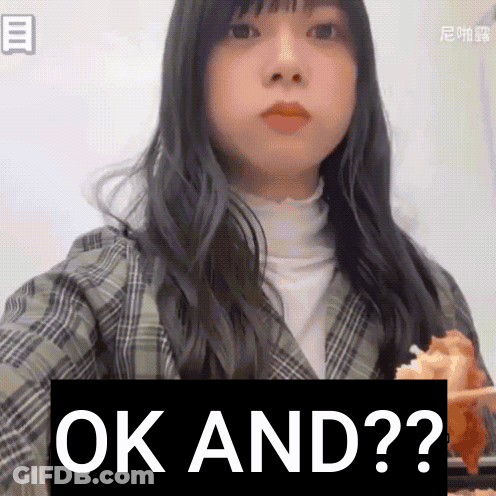 A Girl Is Eating A Piece Of Food With The Word Ok And Written On The Bottom GIF