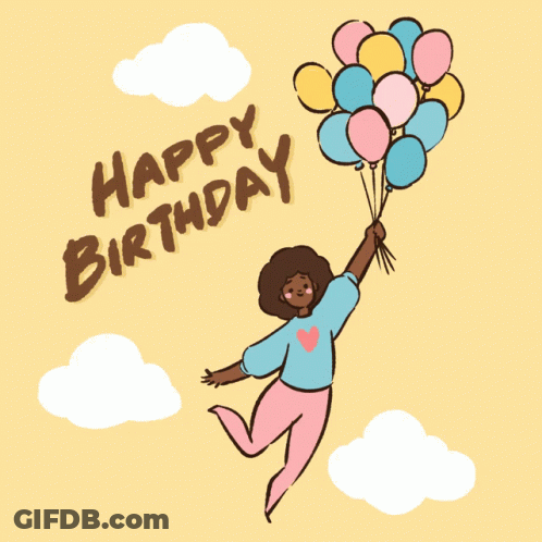 A Girl Is Flying Through The Air Holding Balloons And The Words Happy Birthday Are Above Her GIF