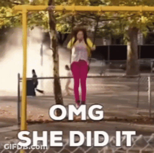 A Girl Is Hanging Upside Down On A Swing With The Words " Omg She Did It " Above Her GIF