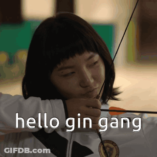 A Girl Is Holding A Bow And Arrow And The Words Hello Gin Gang Are Above Her GIF