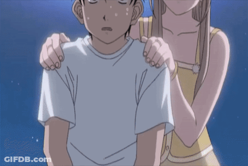 A Girl Is Holding A Boy 'S Shoulders In A Cartoon GIF