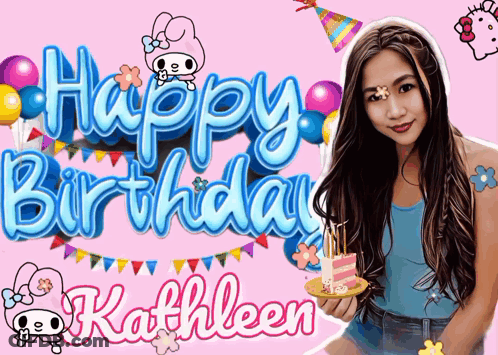 A Girl Is Holding A Cake In Front Of A Pink Background That Says " Happy Birthday Kathleen " GIF