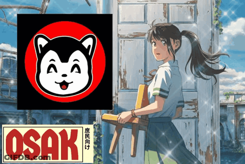 A Girl Is Holding A Chair In Front Of A Door And A Sign That Says Osaka GIF