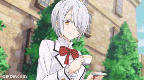 A Girl Is Holding A Cup Of Tea In Front Of A Building . GIF