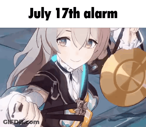 A Girl Is Holding A Gong And Pointing At The Camera With The Words `` July 17Th Alarm '' . GIF