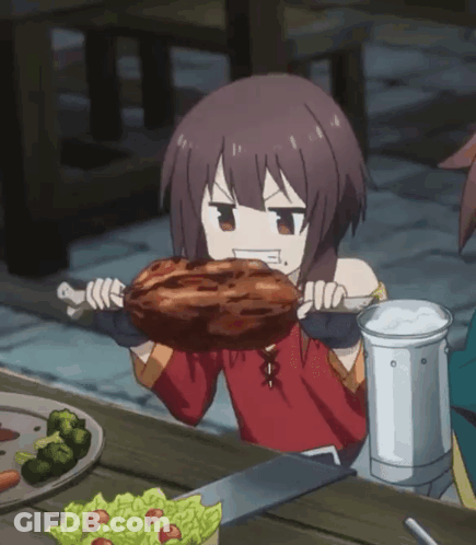 A Girl Is Holding A Large Piece Of Meat In Her Hands GIF