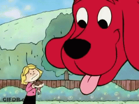 A Girl Is Holding A Stuffed Animal Next To A Large Red Dog . GIF