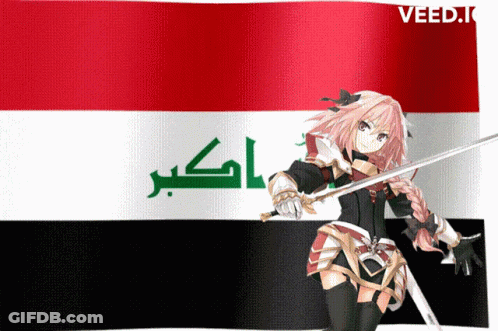 A Girl Is Holding A Sword In Front Of A Flag That Says ' Veed.i ' On It GIF