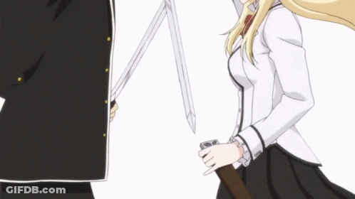 A Girl Is Holding A Sword Next To A Man In A Black Suit GIF