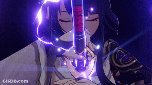 A Girl Is Holding A Sword With A Purple Lightning Bolt Coming Out Of It . GIF