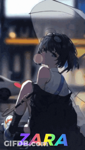 A Girl Is Holding An Umbrella And Blowing A Bubble With The Word Zara Behind Her GIF