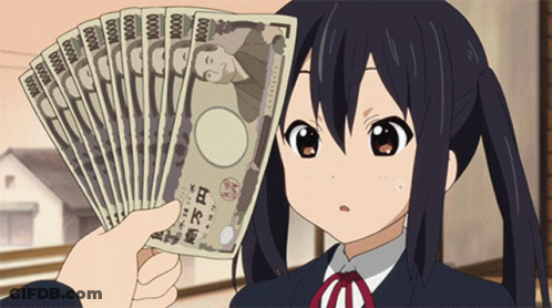 A Girl Is Holding Up A Fan Of Japanese Money GIF
