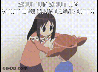 A Girl Is Hugging A Boy With The Words `` Shut Up Shut Up Shut Up !! Hair Come Off ! '' GIF